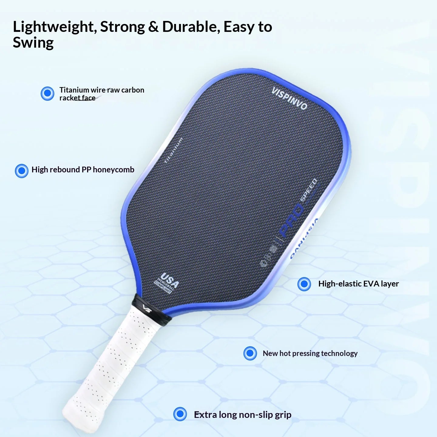 New Style 16mm Portable Blue Titanium EVA PP Honeycomb Foam T700 Hybrid GEN3 Offensive Pickleball Racket for Entertainment All